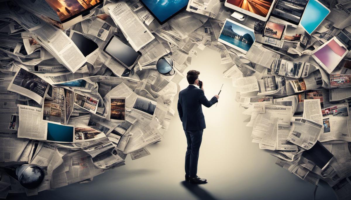 An image showing a person navigating through various types of media, such as television, smartphone, and newspapers, representing the importance of media literacy.